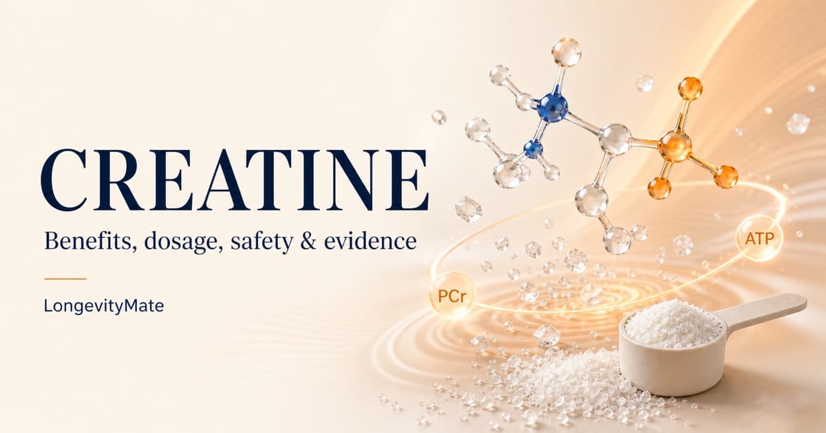 Creatine evidence guide with an abstract molecule, crystalline powder and ATP energy motif