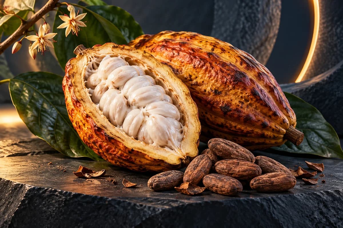 Cacao pod and beans representing the source of cocoa flavanols