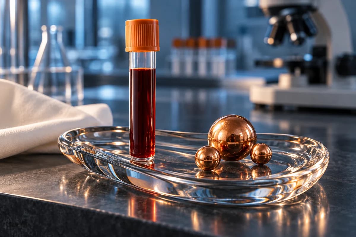 Blood sample beside copper metal spheres representing a copper blood test