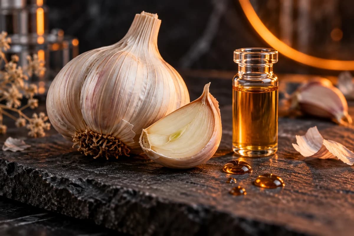 Garlic bulb, clove and extract in an unlabeled glass vial