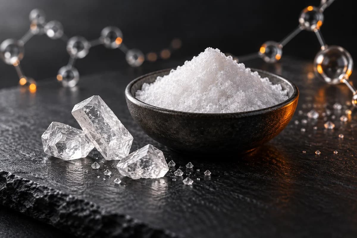 Conceptual glycine powder and translucent crystals