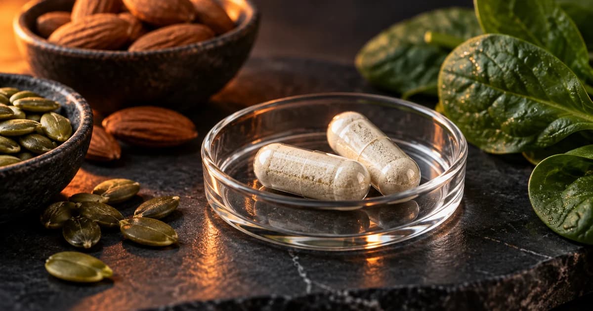 Unlabelled supplement capsules beside pumpkin seeds, almonds and spinach for the magnesium guide