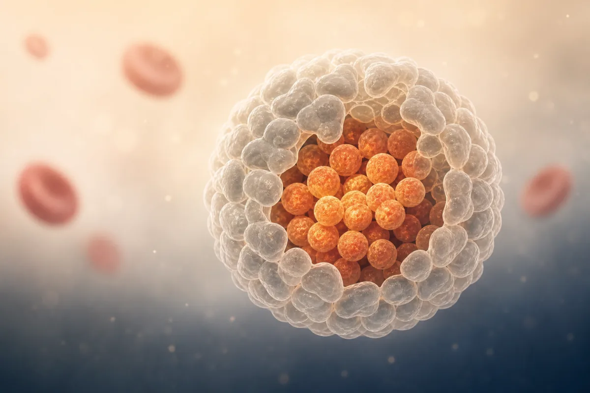 Calm molecular artwork showing iron stored inside a ferritin protein shell
