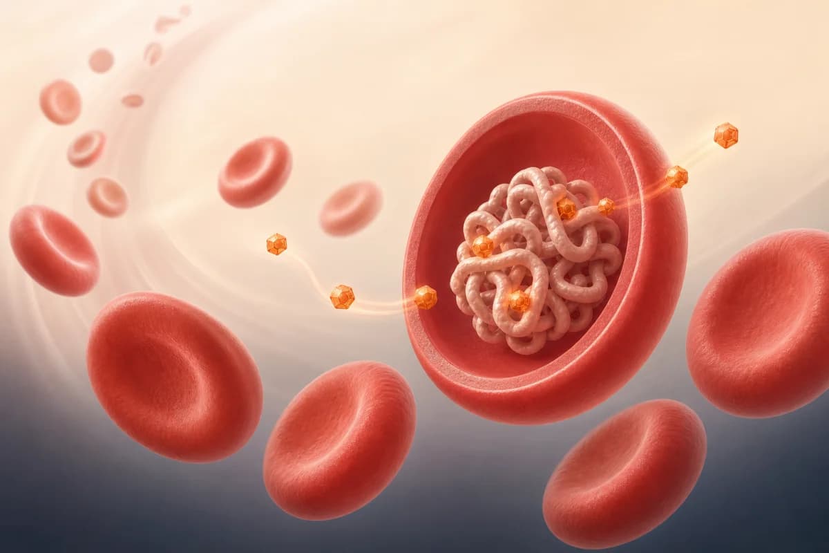 Scientific illustration of glucose attaching to hemoglobin inside circulating red blood cells