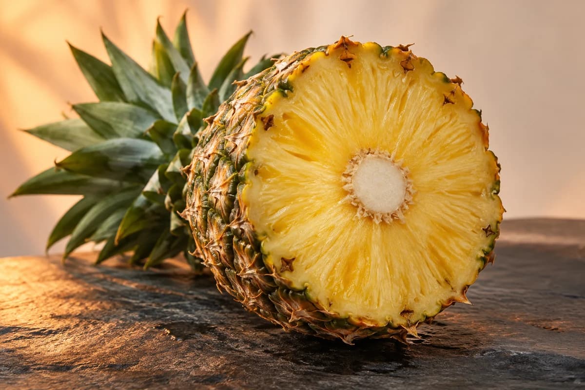 Cut pineapple showing its fibrous central stem, a source of bromelain.