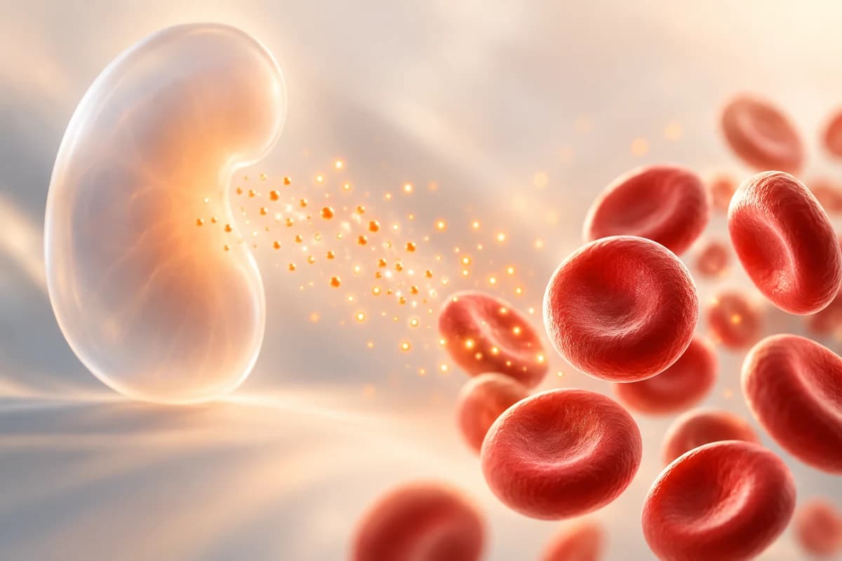 Conceptual kidney hormone signal toward red blood cells; no test value or anatomical detail is shown.
