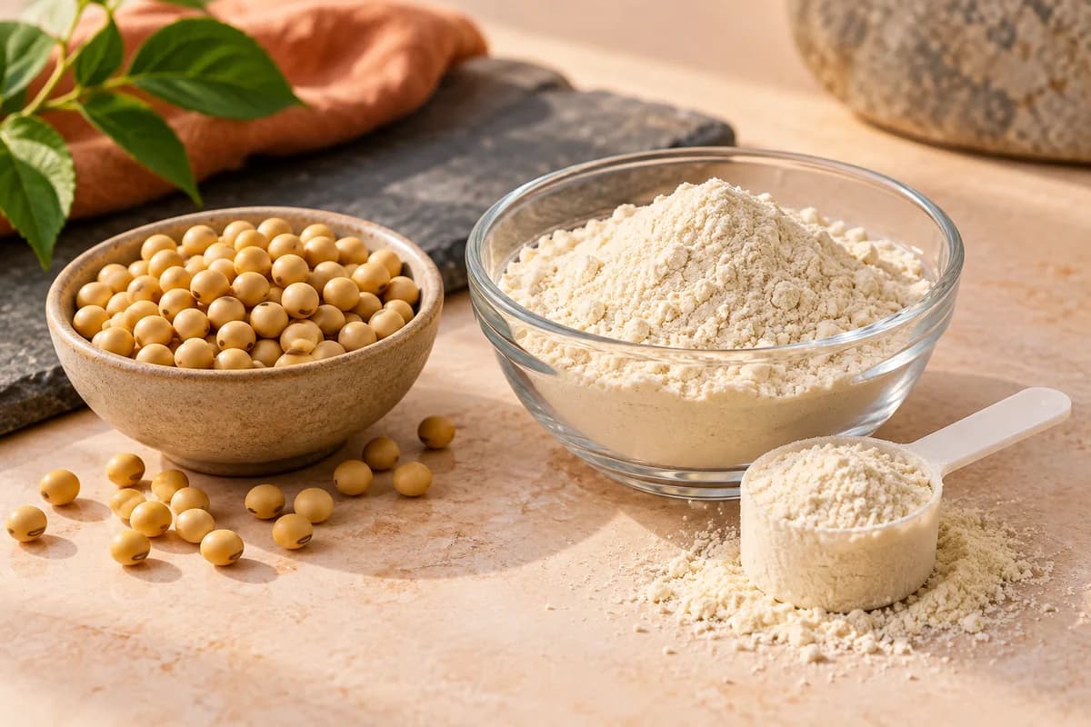 Whole soybeans beside a bowl and scoop of pale soy protein isolate powder.