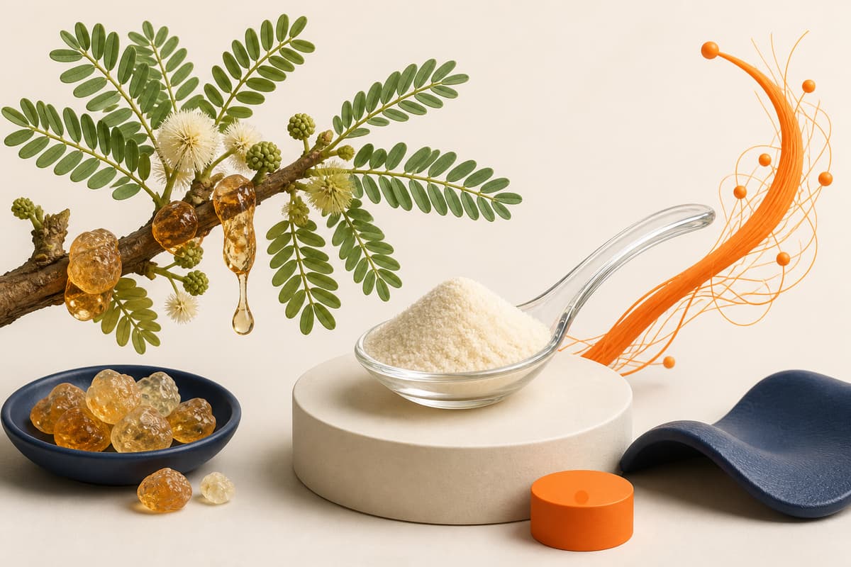 An acacia branch with gum resin, a spoonful of fiber and an orange fiber strand