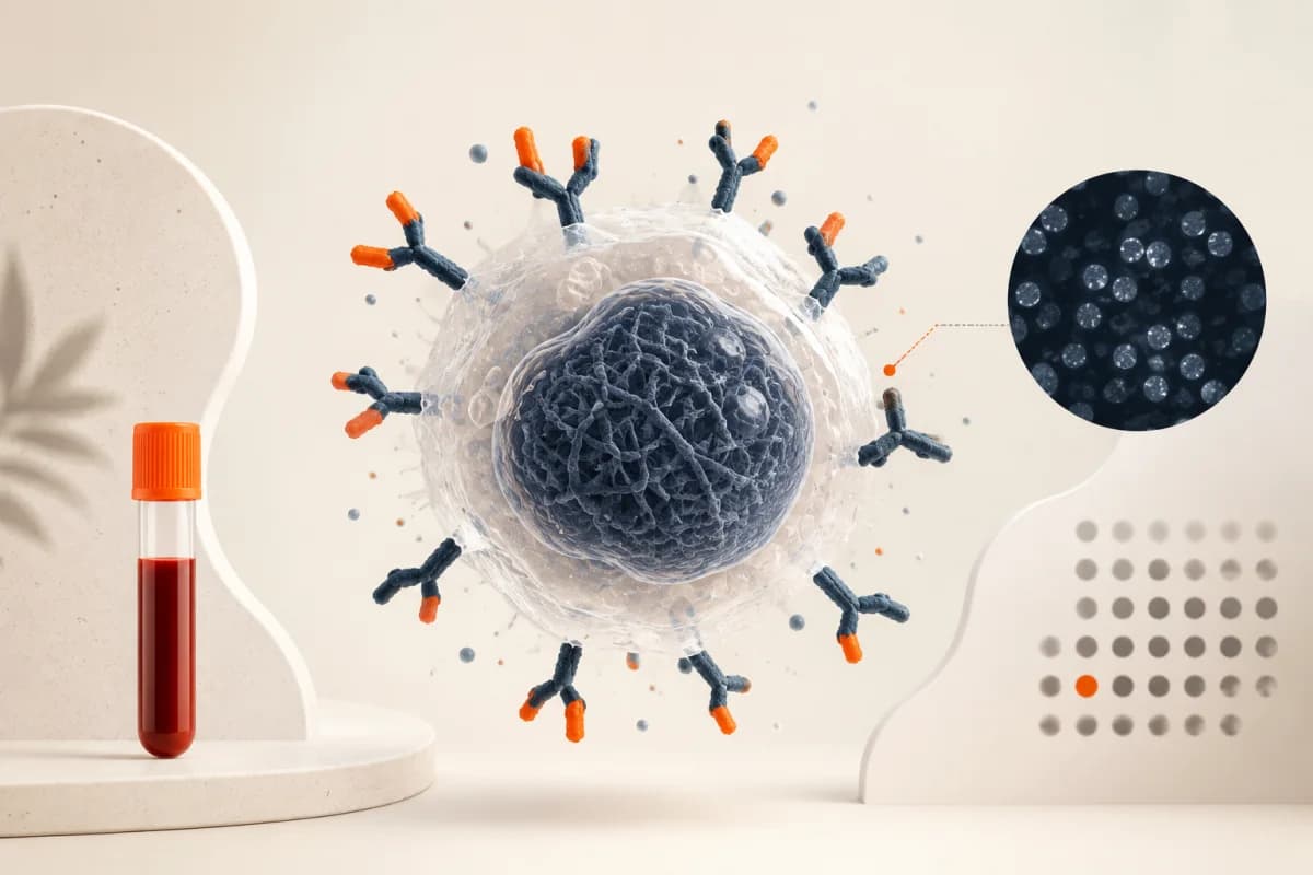 Antinuclear antibody blood testing shown with a laboratory microscope and immune-cell illustration, emphasising titre, pattern and clinical context.