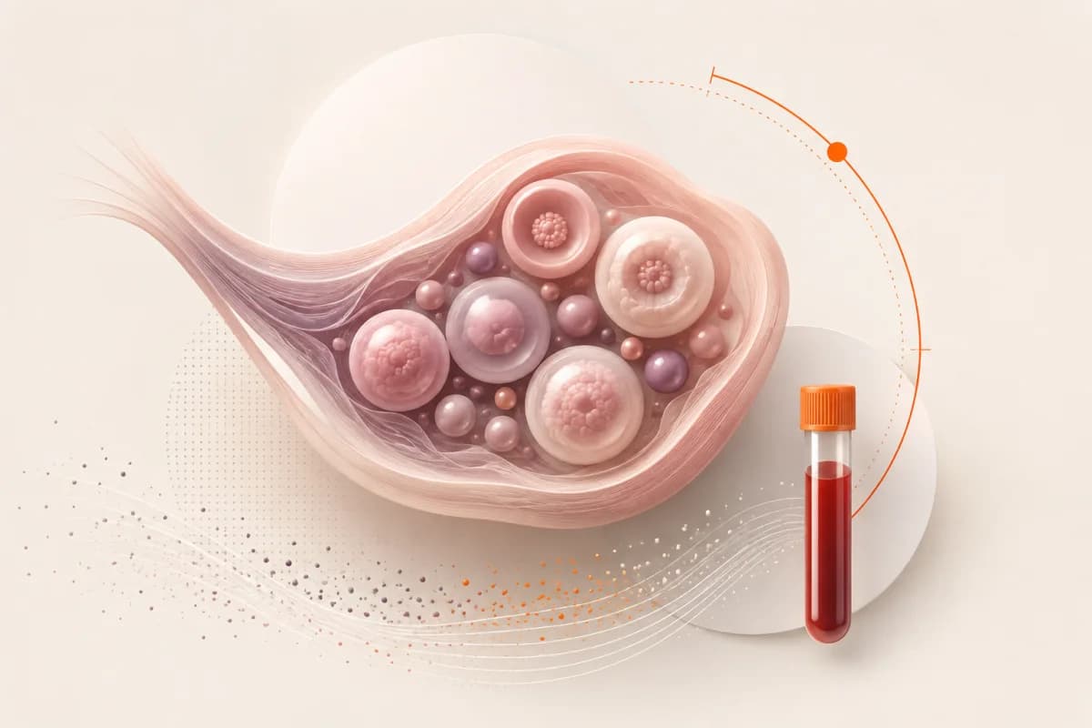 Anti-Müllerian hormone testing shown with an ovary and developing follicles, highlighting ovarian reserve rather than a fertility guarantee.