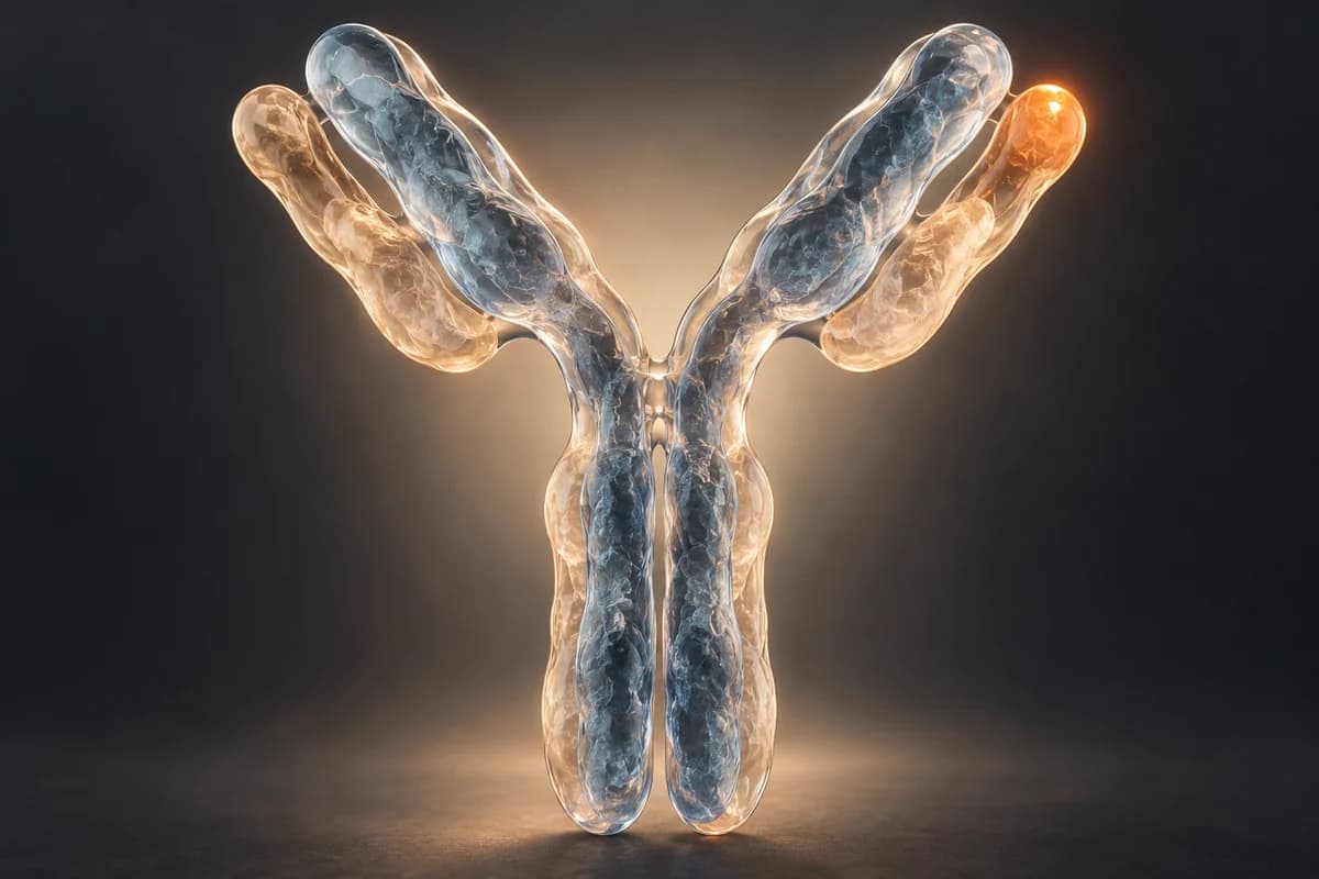 Conceptual close-up of one large translucent Y-shaped antibody sculpture on a warm dark background; it illustrates IgG without depicting a patient result.