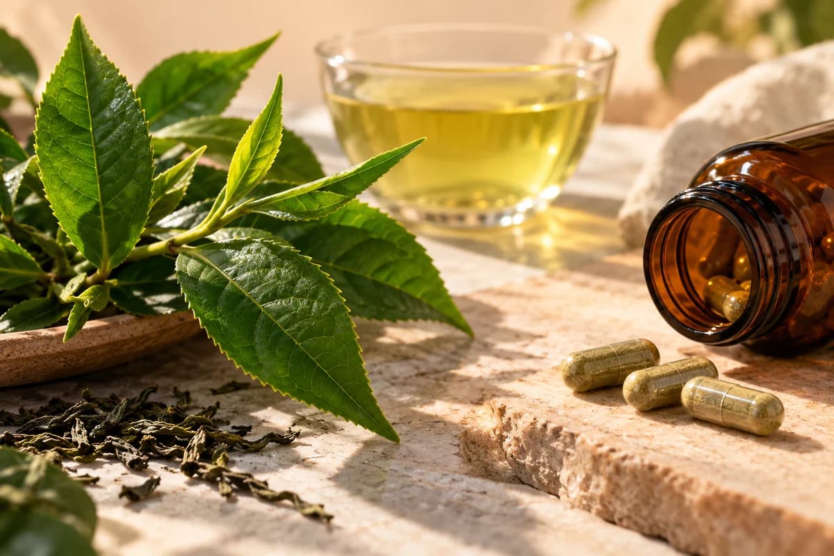Original illustration of fresh Camellia sinensis leaves beside a cup of brewed green tea and plain unlabelled capsules, showing beverage and extract as distinct forms.