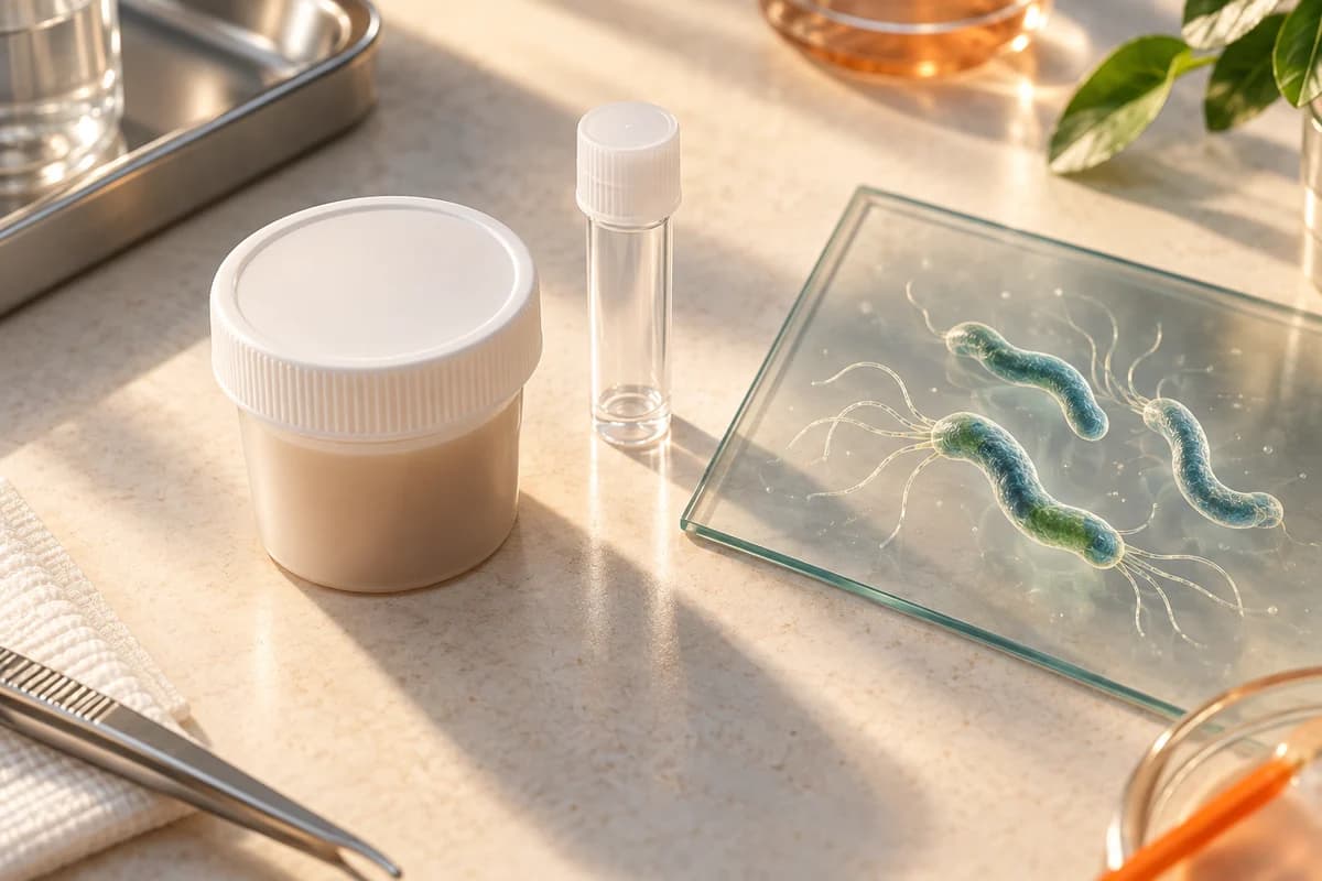 Conceptual illustration of a sealed stool specimen pot beside a glass panel with curved H. pylori-like bacterial forms; no diagnosis or result is shown.