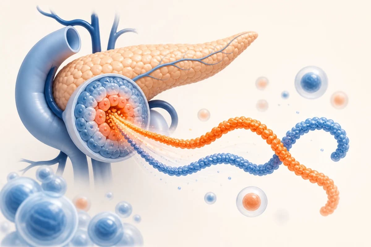 Abstract pancreatic beta cells releasing paired insulin and C-peptide into a bloodstream motif