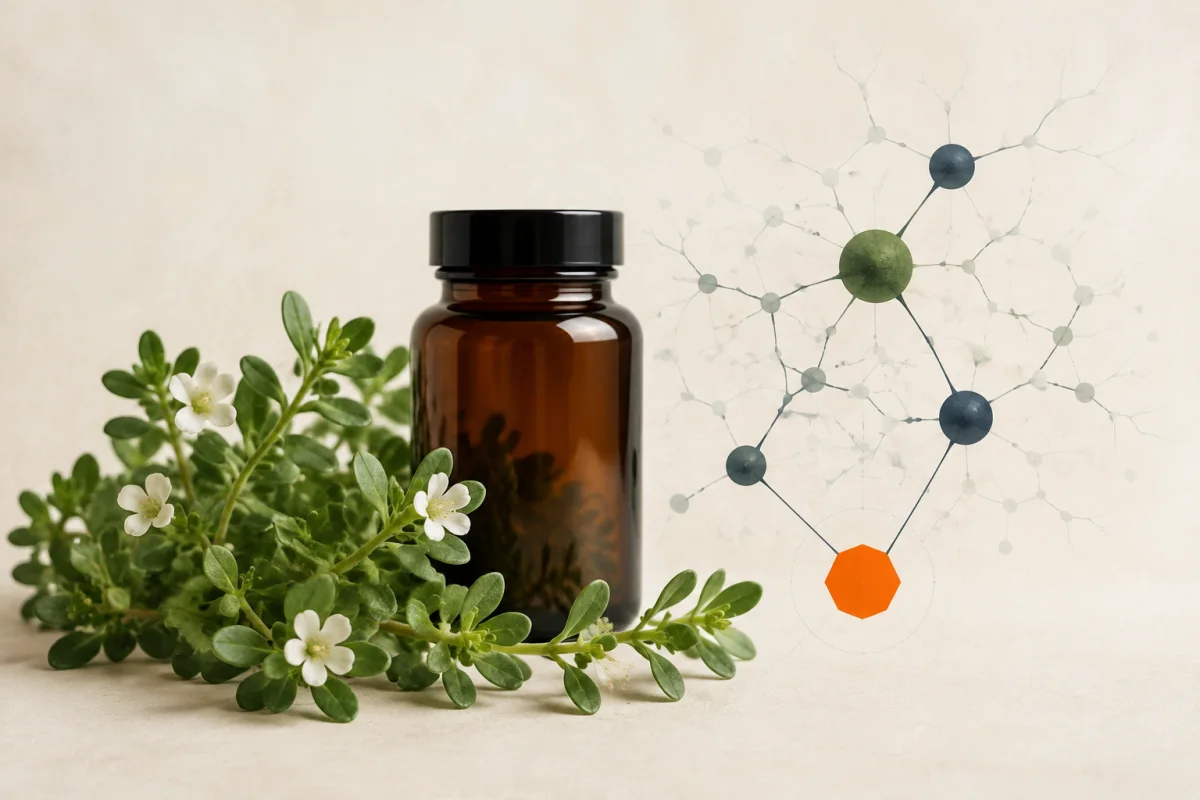 Bacopa monnieri leaves beside a labelled standardised extract, highlighting the difference between a plant, a product and a clinical trial.