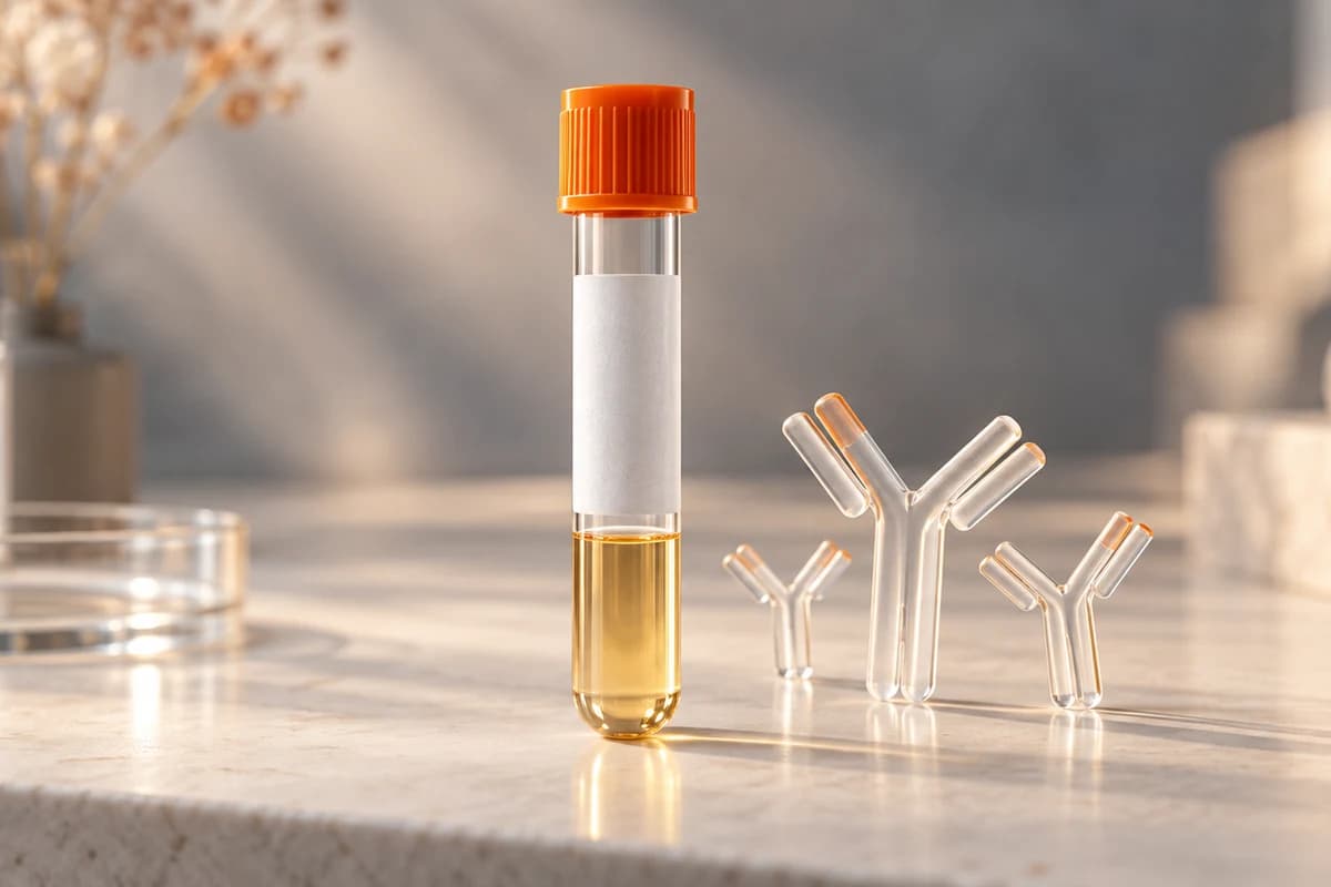 Conceptual serum specimen tube with straw-coloured liquid beside transparent Y-shaped antibody symbols; no measured result is shown.