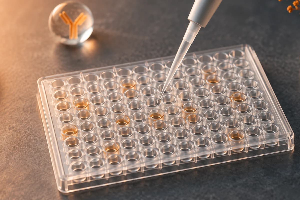 Conceptual laboratory antibody assay plate and pipette with a small Y-shaped antibody symbol; colours do not indicate a test result.