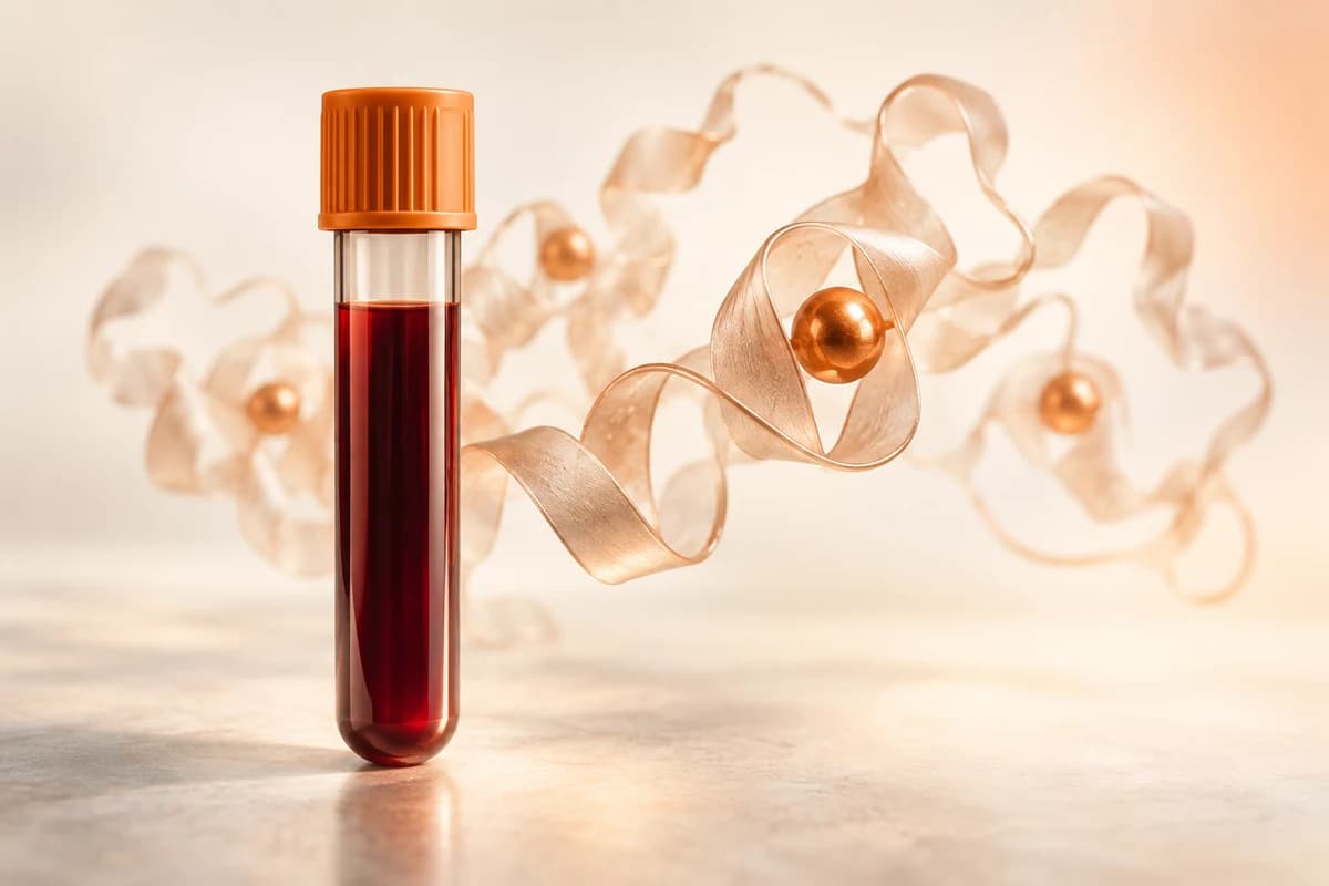 Conceptual blood sample and copper-coloured protein ribbons; no test value is shown.
