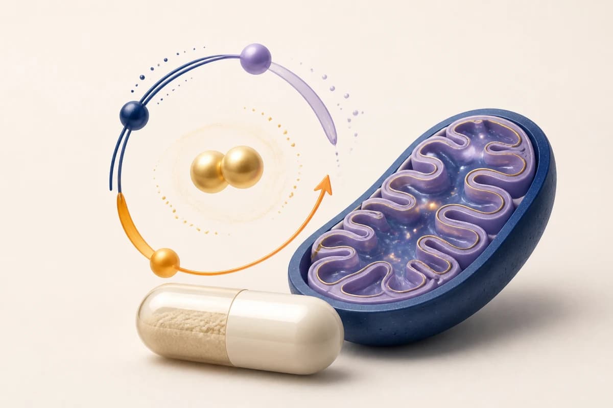 One alpha-lipoic acid capsule beside a stylised mitochondrion and an abstract cofactor cycle