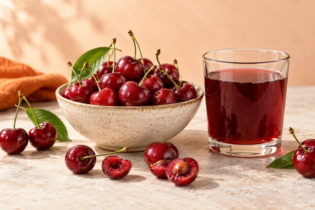 Tart cherries, including halved fruit, beside a glass of deep-red cherry juice.