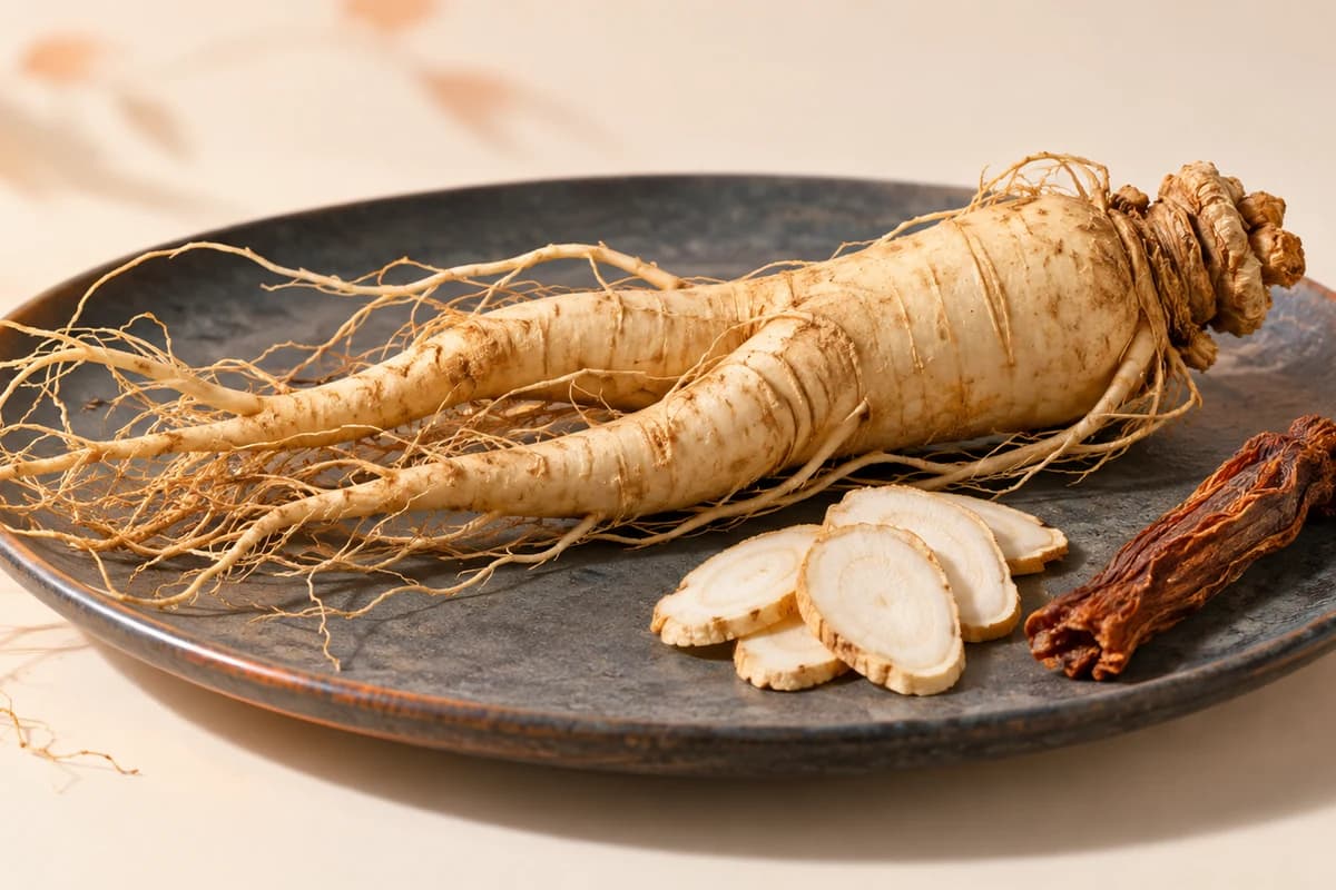 Illustrated forked Panax ginseng root with fine rootlets, pale root slices and a dried red ginseng segment on a dark plate.