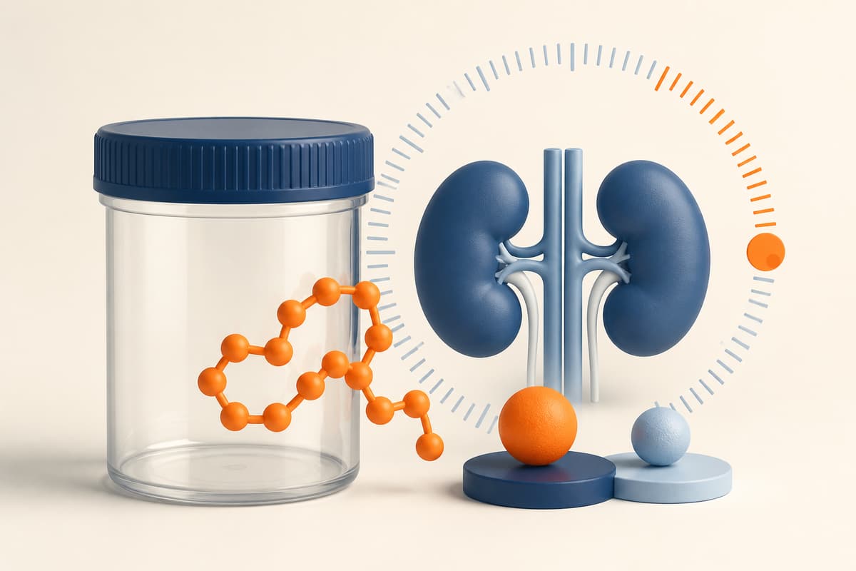 An empty collection container beside kidneys, an orange protein chain and a full-day timeline