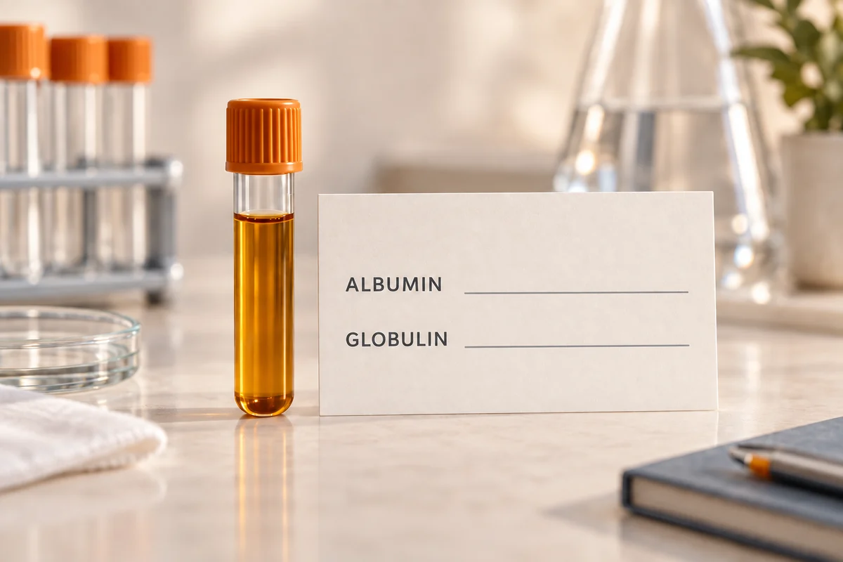 Conceptual illustration of a serum tube beside blank albumin and globulin fields; no patient result is shown.
