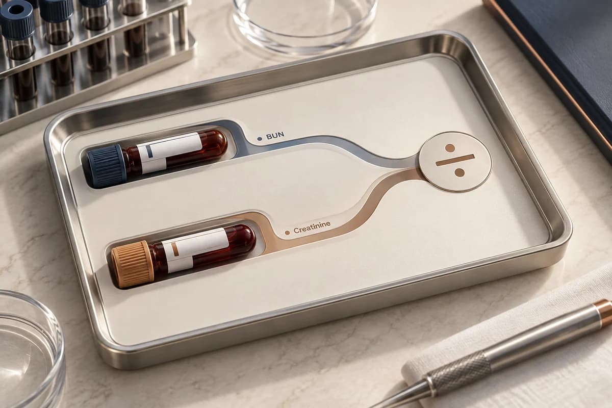 Conceptual laboratory illustration with separate BUN and creatinine blood-test channels meeting at a ratio symbol; no result is shown.
