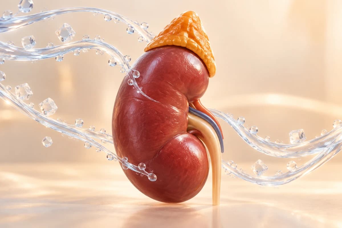 Conceptual illustration of an adrenal gland above a kidney, surrounded by water and salt-like crystals to represent aldosterone’s fluid and electrolyte context.