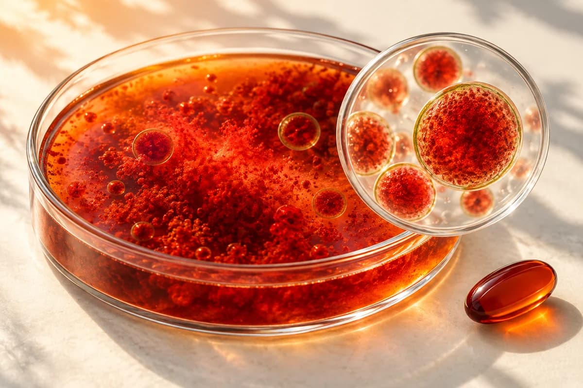 Conceptual illustration of red microalgae in a glass culture vessel beside a plain softgel, showing a possible astaxanthin source without implying a clinical effect.