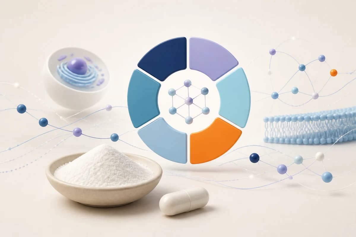 Unbranded inositol powder and capsule beside molecular and cell-signalling graphics