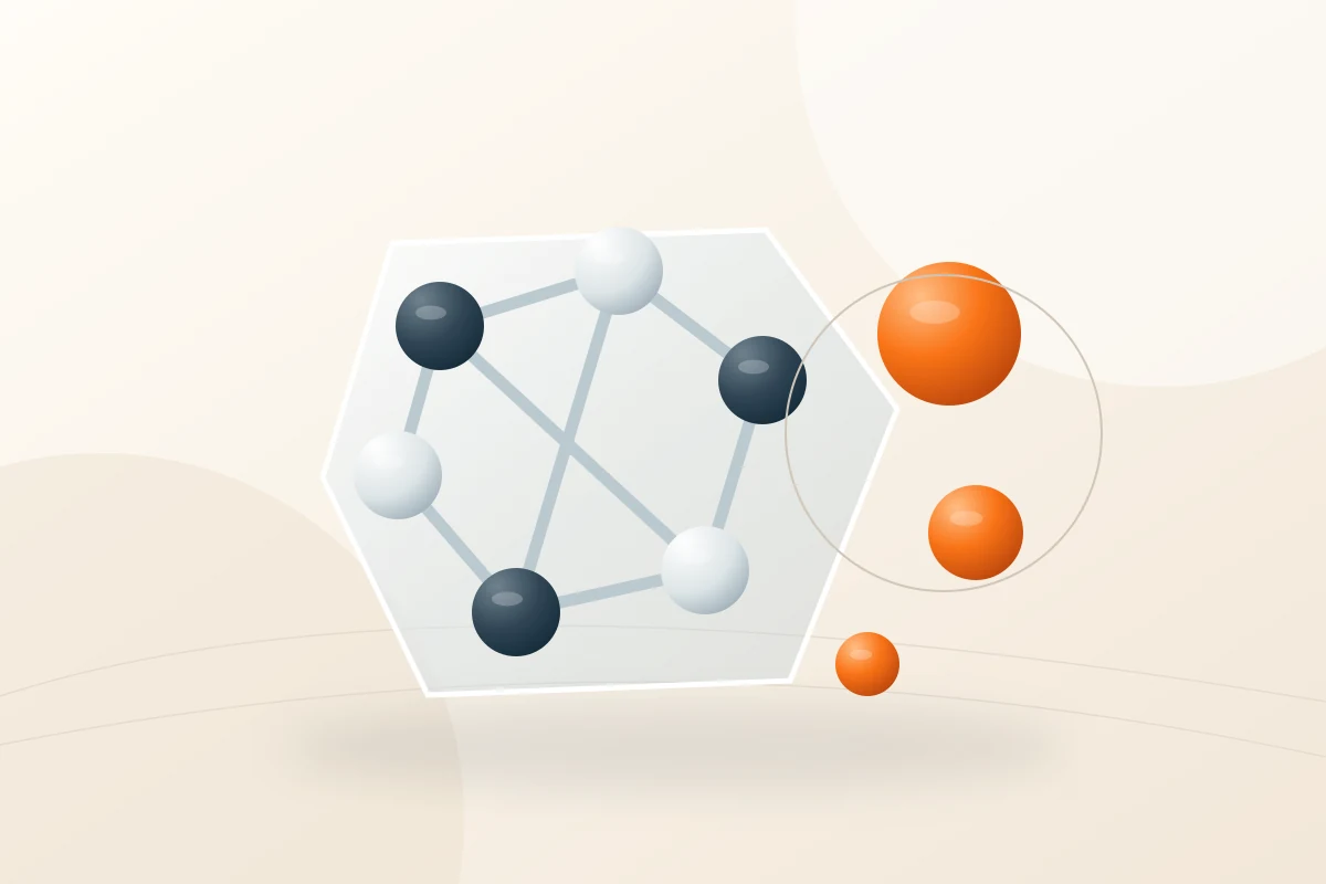 Abstract non-diagnostic scientific illustration of calcium ions and laboratory sample shapes in cream, deep slate and orange, with no embedded text