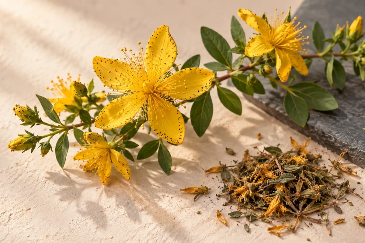 Yellow five-petalled St John’s wort flowers with many fine stamens and dark petal specks, opposite oval leaves and dried flowering herb.