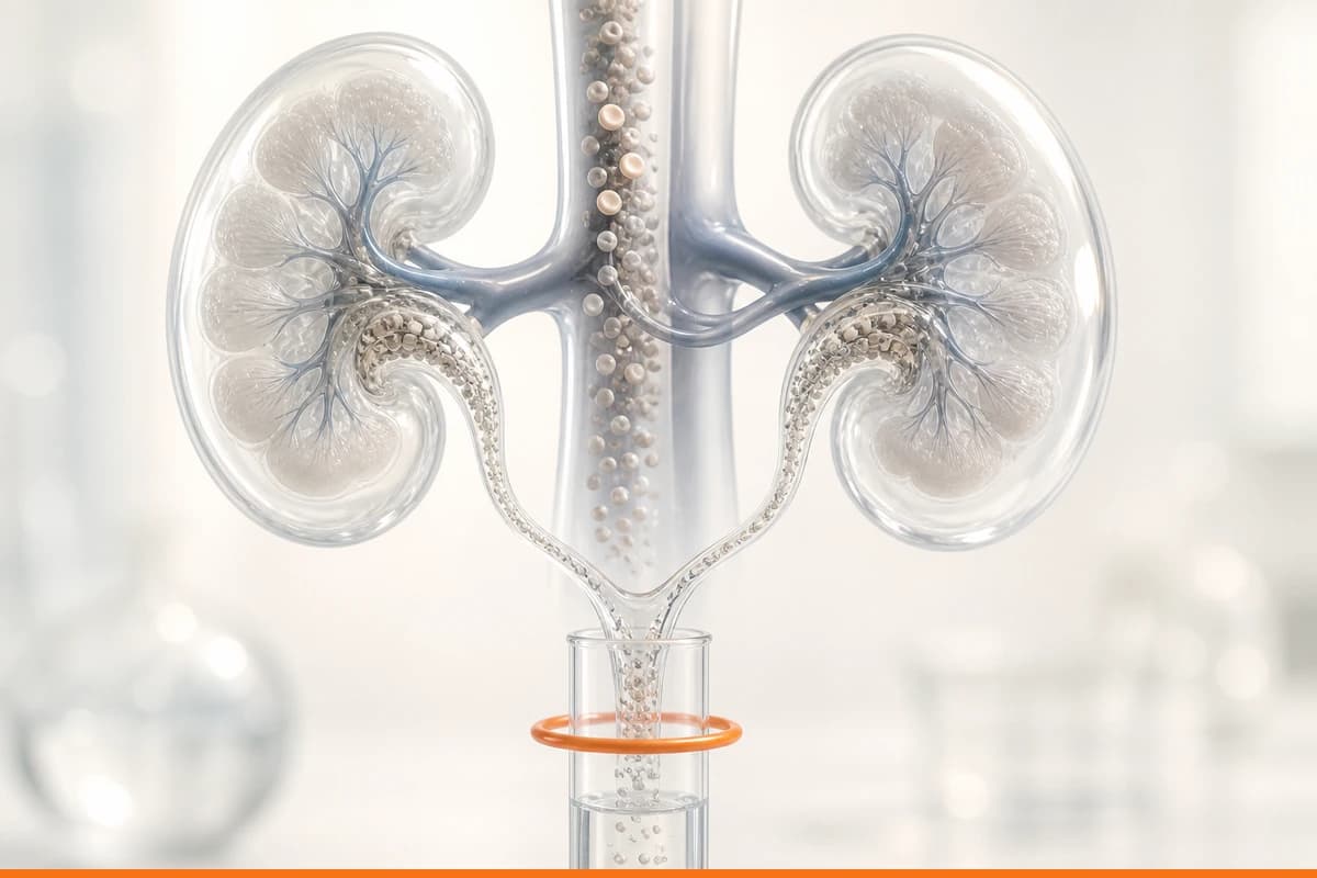 Translucent kidneys filtering small particles into a clear collection channel with a precise orange measurement ring