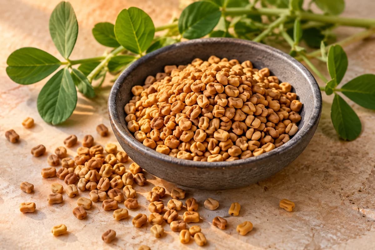 Angular golden fenugreek seeds in a dark bowl with scattered seeds and a three-leaf fenugreek sprig.
