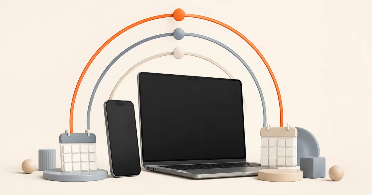A phone and laptop sit inside three neutral time arcs representing 7-day, 30-day and 365-day screen-time projections.