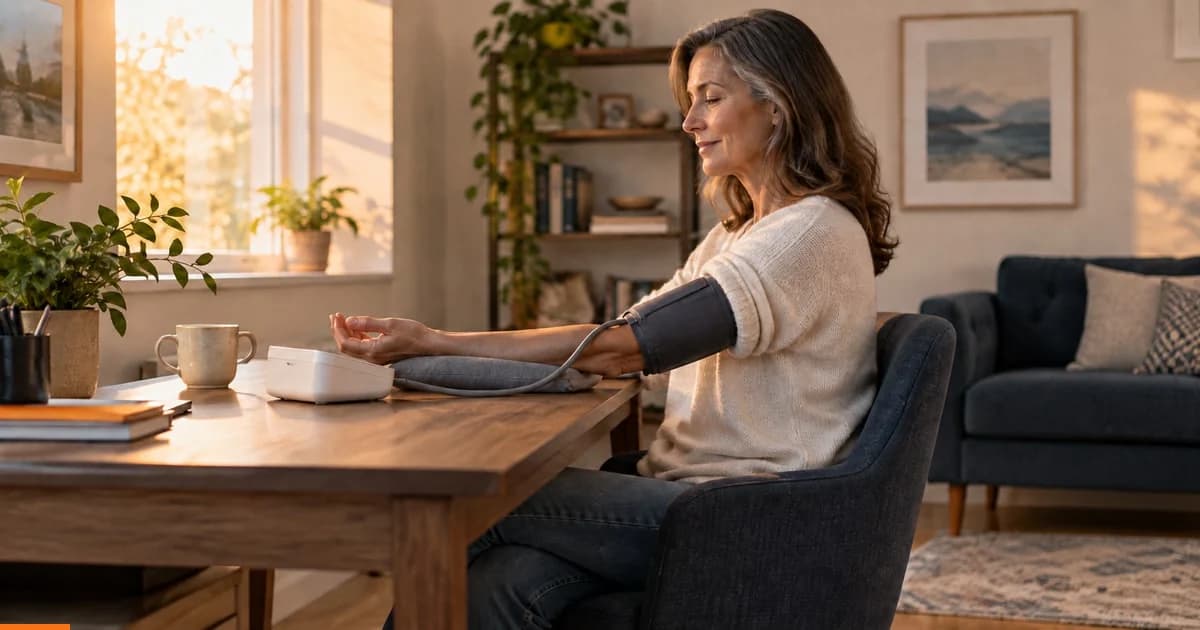 Person taking a seated upper-arm blood pressure reading at home