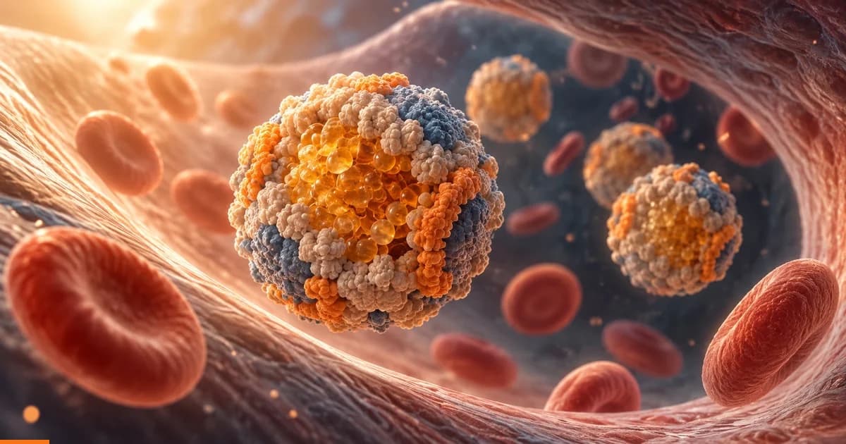 Conceptual illustration of LDL cholesterol particles moving through a blood vessel