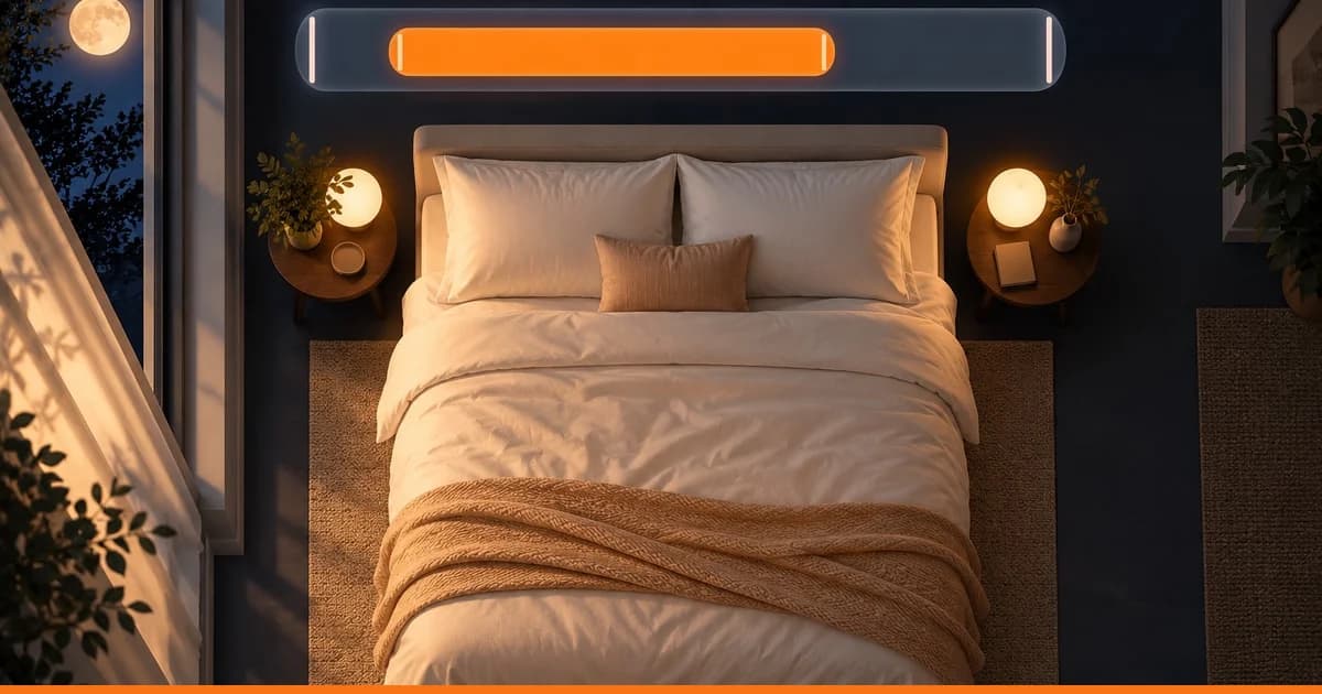 Conceptual bedroom illustration with a shorter highlighted asleep interval inside a longer in-bed interval; no measured values or diagnosis are shown.