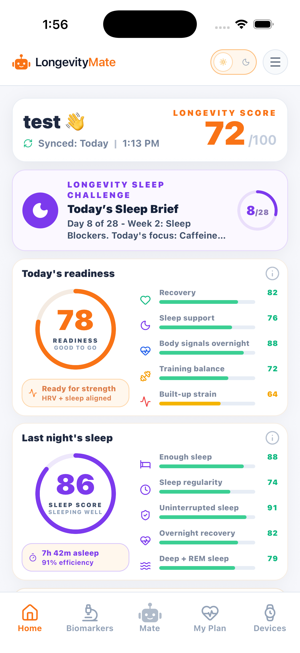 LongevityMate mobile app showing Sleep Challenge progress