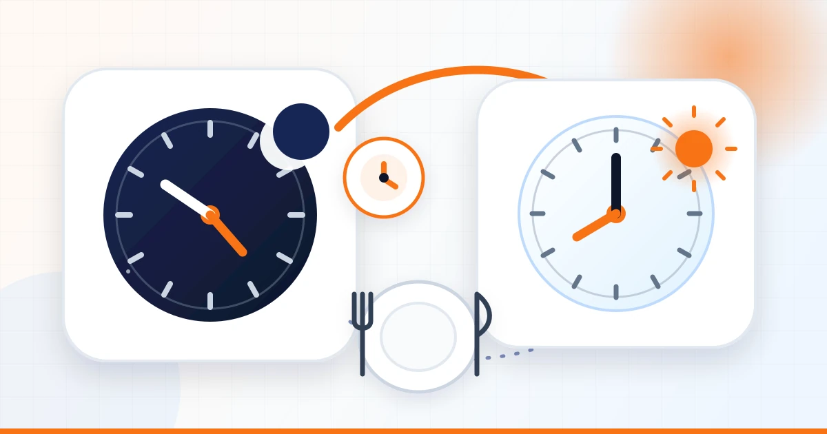 Two clocks joined by a day-to-night timing arc beside an empty plate