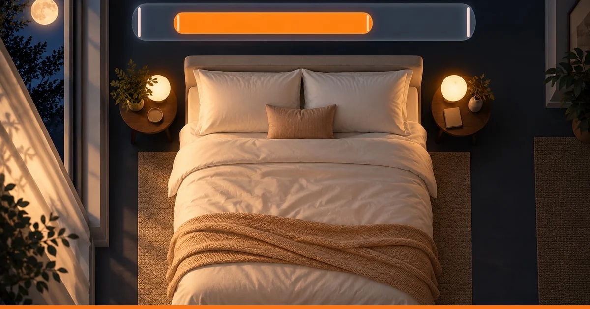 Conceptual bedroom illustration with a shorter highlighted asleep interval inside a longer in-bed interval; no measured values or diagnosis are shown.